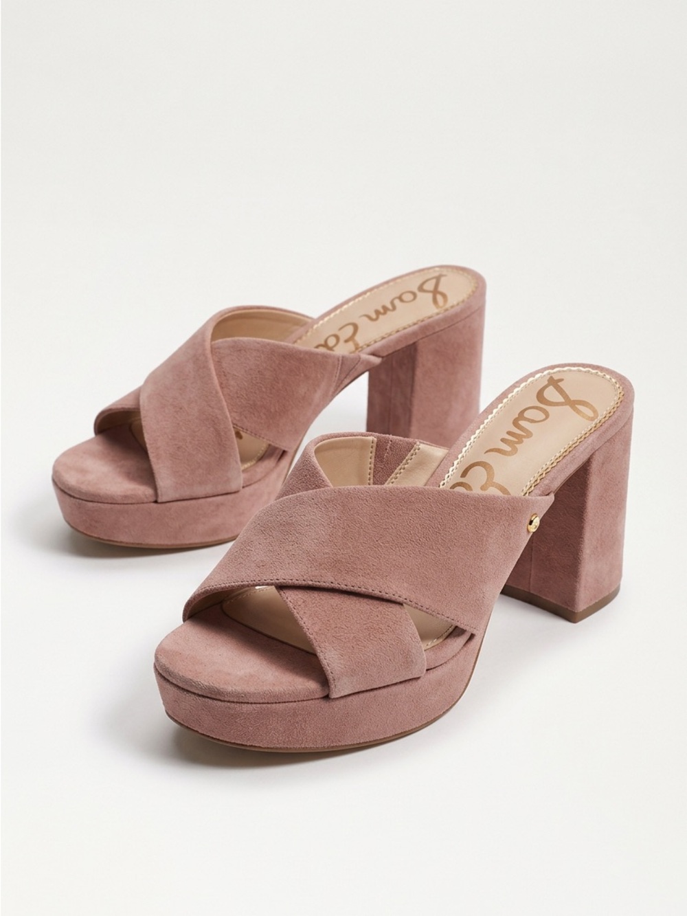 Sam Edelman Jayne Blush Pink Suede Crisscross Block Heel Mules Sz 10